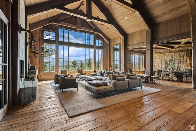 7701 N W Hills Trl, Park City, UT 84098 - living room featuring hardwood / wood-style flooring, wood ceiling with exposed beams, high vaulted ceiling, and wooden walls