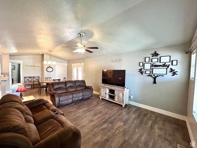 319 S 600 E, Payson, UT 84651 - living area with lofted ceiling, dark wood-style floors, baseboards, a ceiling fan, and a textured ceiling