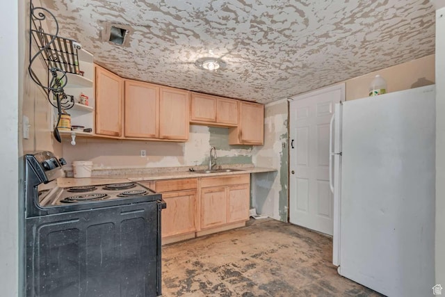 160 E 230 N, Tooele, UT 84074 - kitchen with freestanding refrigerator, black / electric stove, and light brown cabinetry