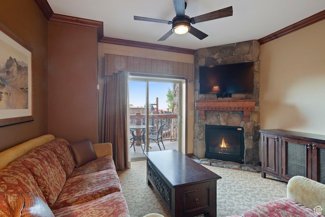 3000 Canyons Resort Dr Unit 4309, Park City, UT 84098 - living area with ornamental molding, a ceiling fan, and a fireplace