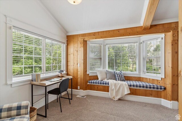 595 E 100 S, Morgan, UT 84050 - office area featuring wood walls, healthy amount of natural light, lofted ceiling, carpet floors, and crown molding