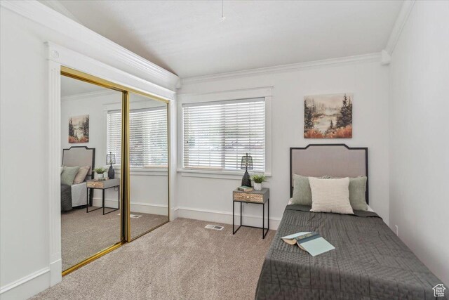 595 E 100 S, Morgan, UT 84050 - bedroom featuring carpet, crown molding, a closet, and baseboards