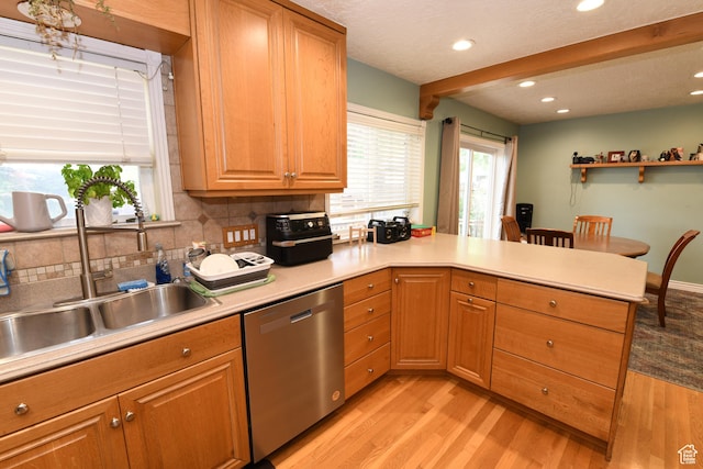 145 E 100 S, Farmington, UT 84025 - kitchen featuring stainless steel dishwasher, a peninsula, light wood-type flooring, tasteful backsplash, and light countertops