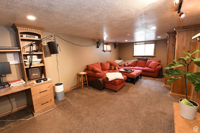 145 E 100 S, Farmington, UT 84025 - carpeted living room featuring a textured ceiling, a desk, and recessed lighting