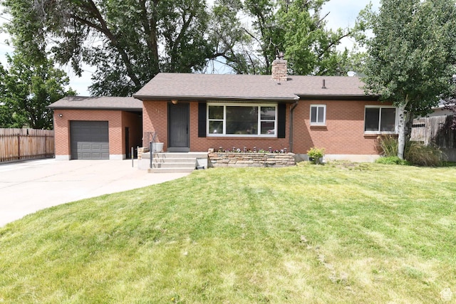 145 E 100 S, Farmington, UT 84025 - ranch-style house featuring an attached garage, a chimney, concrete driveway, and brick siding
