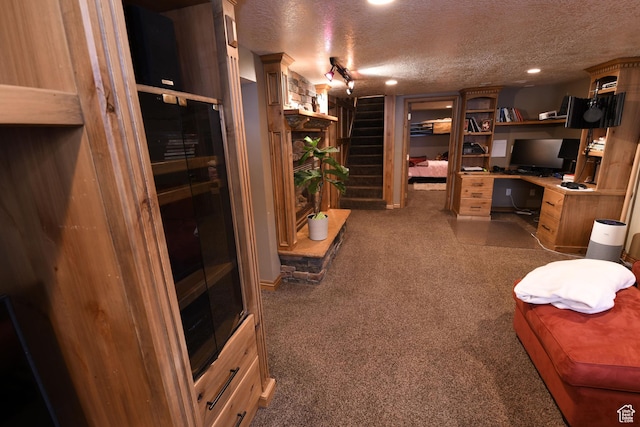 145 E 100 S, Farmington, UT 84025 - carpeted living area with a textured ceiling, an office area, and stairway
