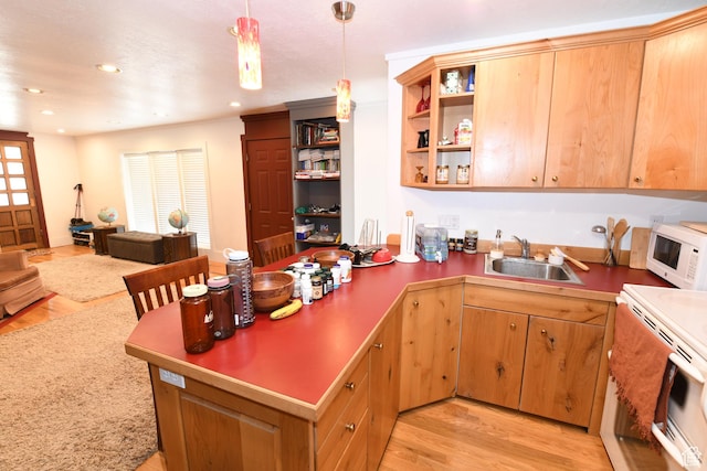 145 E 100 S, Farmington, UT 84025 - kitchen featuring a sink, white appliances, a peninsula, open shelves, and light wood finished floors
