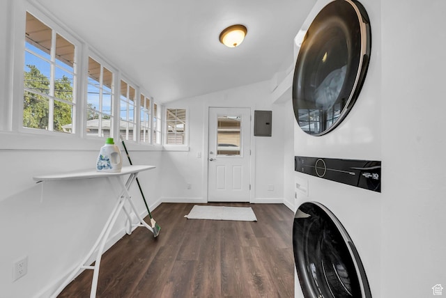 158 N 900 W, Provo, UT 84601 - washroom with stacked washer and clothes dryer, dark wood-style flooring, baseboards, and electric panel