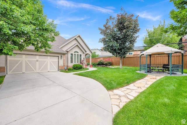 7195 S Villandrie Ln E, Cottonwood Heights, UT 84121 - view of front of home featuring a gazebo, concrete driveway, stucco siding, a garage, and roof with shingles