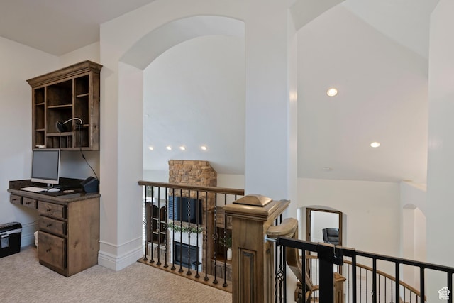 2908 W Bison Ridge Rd, South Jordan, UT 84095 - home office with carpet flooring and arched walkways