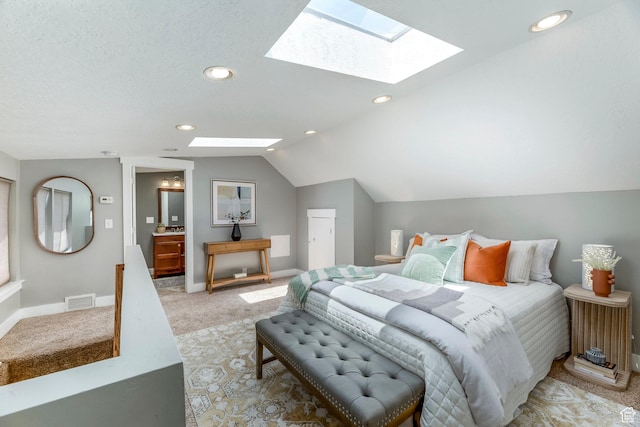 1860 S 800 E, Salt Lake City, UT 84105 - bedroom with a skylight, light carpet, vaulted ceiling, recessed lighting, and baseboards