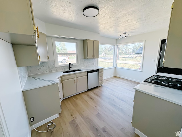 1797 N 5900 W, Warren, UT 84404 - kitchen with a sink, a textured ceiling, stainless steel dishwasher, light wood-style flooring, and backsplash