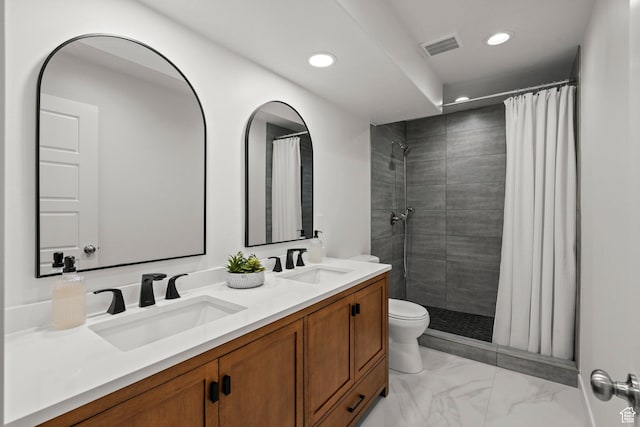 1314 W 1550 N, Lehi, UT 84043 - full bathroom with recessed lighting, toilet, double vanity, marble finish flooring, and a tile shower