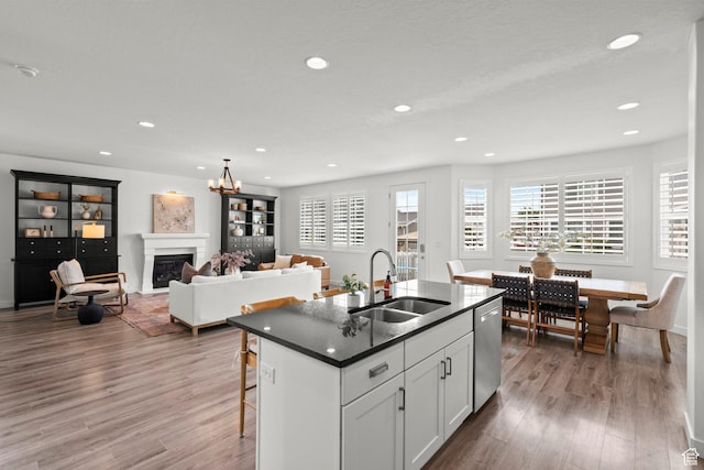 1314 W 1550 N, Lehi, UT 84043 - kitchen featuring a sink, stainless steel dishwasher, recessed lighting, wood finished floors, and a glass covered fireplace