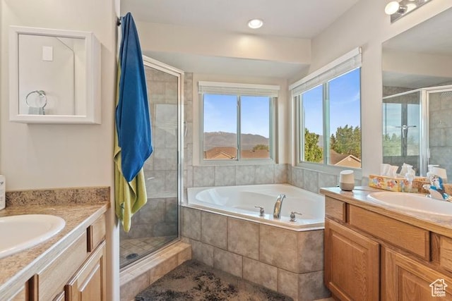 3972 S Lake Vista Dr, Saratoga Springs, UT 84045 - bathroom with two vanities, a shower stall, and a bath