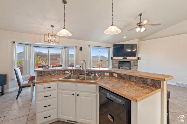 3972 S Lake Vista Dr, Saratoga Springs, UT 84045 - kitchen featuring black dishwasher, a sink, open floor plan, ceiling fan, and an island with sink