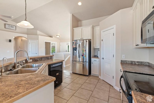 3972 S Lake Vista Dr, Saratoga Springs, UT 84045 - kitchen with black appliances, a sink, white cabinets, vaulted ceiling, and pendant lighting