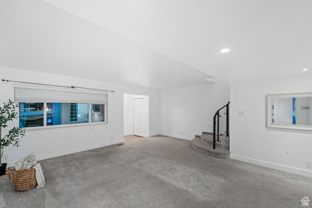 42 Benchmark Vlg, Tooele, UT 84074 - unfurnished living room featuring stairs, carpet flooring, baseboards, and recessed lighting