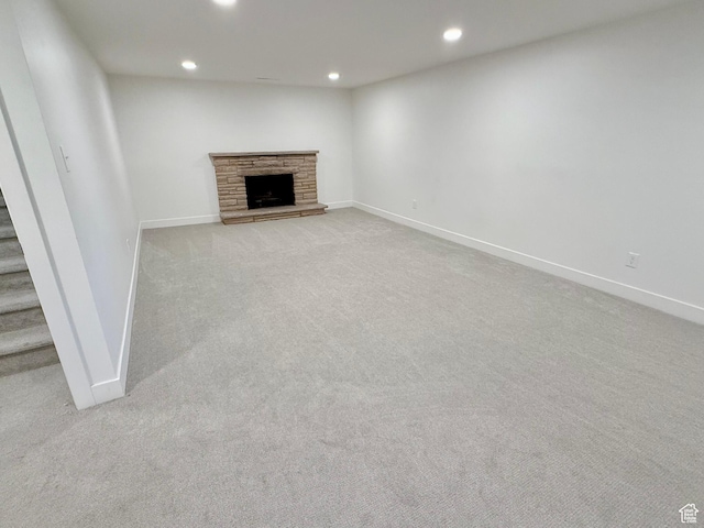 573 E 1600 S, Bountiful, UT 84010 - unfurnished living room featuring carpet, recessed lighting, baseboards, stairs, and a fireplace