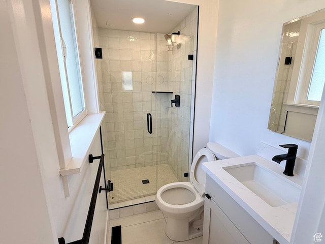 573 E 1600 S, Bountiful, UT 84010 - full bath featuring toilet, vanity, a stall shower, and tile patterned floors
