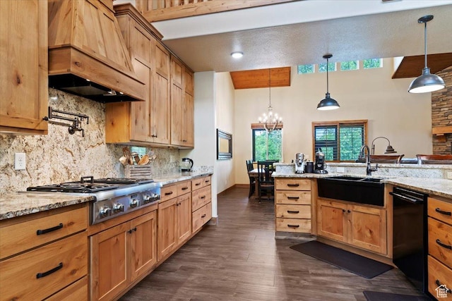 145 N 10450 E, Huntsville, UT 84317 - kitchen with premium range hood, stainless steel gas stovetop, a sink, dishwasher, and backsplash