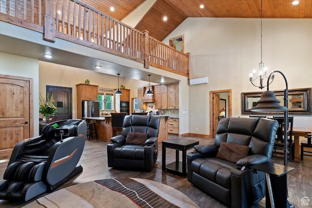 145 N 10450 E, Huntsville, UT 84317 - living room featuring wood ceiling, a high ceiling, recessed lighting, wood finished floors, and a chandelier