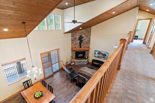 145 N 10450 E, Huntsville, UT 84317 - living area with wooden ceiling, high vaulted ceiling, recessed lighting, a ceiling fan, and wood finished floors