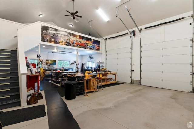 145 N 10450 E, Huntsville, UT 84317 - garage featuring a ceiling fan and a workshop area