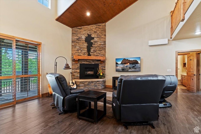 145 N 10450 E, Huntsville, UT 84317 - living room with high vaulted ceiling, dark wood-type flooring, healthy amount of natural light, wood ceiling, and a fireplace