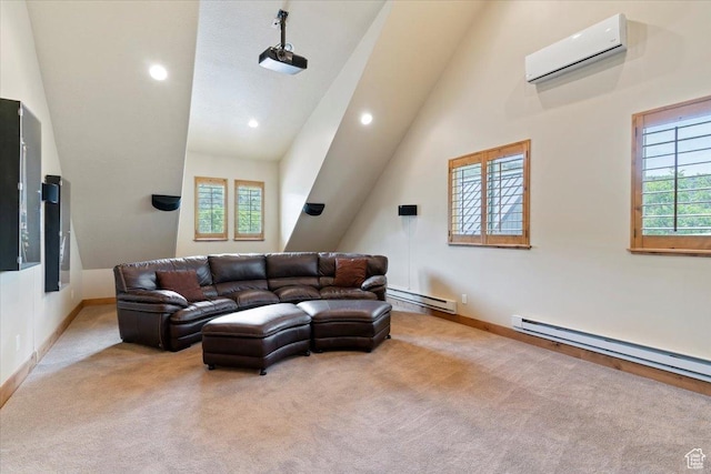 145 N 10450 E, Huntsville, UT 84317 - living room with an AC wall unit, a baseboard radiator, plenty of natural light, vaulted ceiling, and recessed lighting