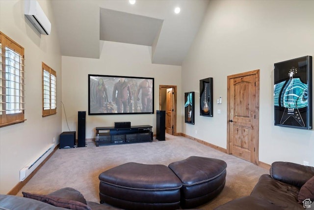 145 N 10450 E, Huntsville, UT 84317 - carpeted home theater room with a baseboard heating unit, a wall mounted AC, baseboards, and high vaulted ceiling