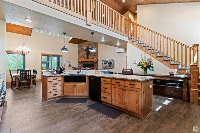 145 N 10450 E, Huntsville, UT 84317 - kitchen with high vaulted ceiling, black dishwasher, a sink, dark wood-type flooring, and a fireplace