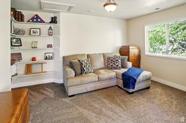 1926 N 1420 W, Provo, UT 84604 - carpeted living area featuring baseboards, a textured ceiling, and attic access