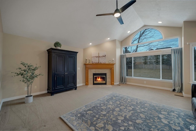 6192 W Ridge Rd, Highland, UT 84003 - living area with a fireplace with flush hearth, light carpet, lofted ceiling, ceiling fan, and recessed lighting