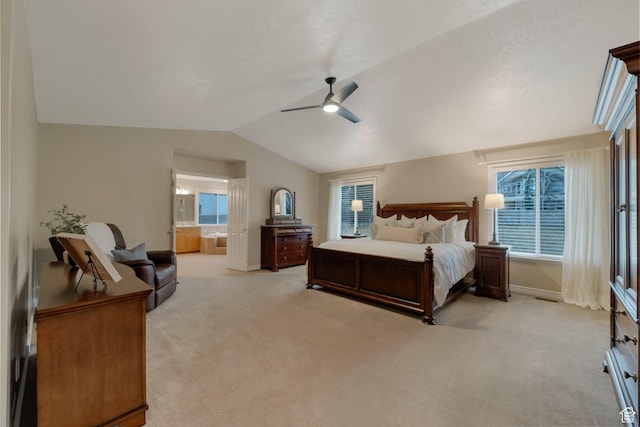 6192 W Ridge Rd, Highland, UT 84003 - bedroom featuring vaulted ceiling, light carpet, baseboards, ensuite bath, and a ceiling fan
