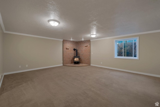 6192 W Ridge Rd, Highland, UT 84003 - unfurnished living room featuring a wood stove, a textured ceiling, baseboards, crown molding, and carpet flooring