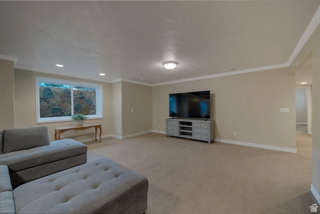 6192 W Ridge Rd, Highland, UT 84003 - living area with light carpet, baseboards, ornamental molding, and recessed lighting