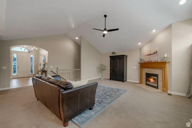 6192 W Ridge Rd, Highland, UT 84003 - living room with lofted ceiling, light colored carpet, recessed lighting, a ceiling fan, and arched walkways