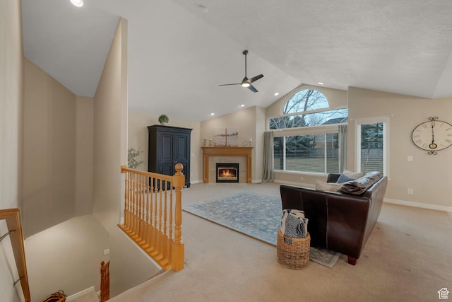6192 W Ridge Rd, Highland, UT 84003 - living room featuring carpet floors, a ceiling fan, a fireplace, baseboards, and recessed lighting