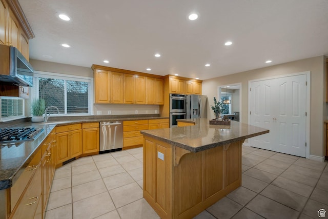 6192 W Ridge Rd, Highland, UT 84003 - kitchen featuring appliances with stainless steel finishes, a kitchen island, recessed lighting, ventilation hood, and a kitchen breakfast bar