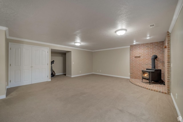 6192 W Ridge Rd, Highland, UT 84003 - finished below grade area with a textured ceiling, a wood stove, baseboards, light colored carpet, and ornamental molding