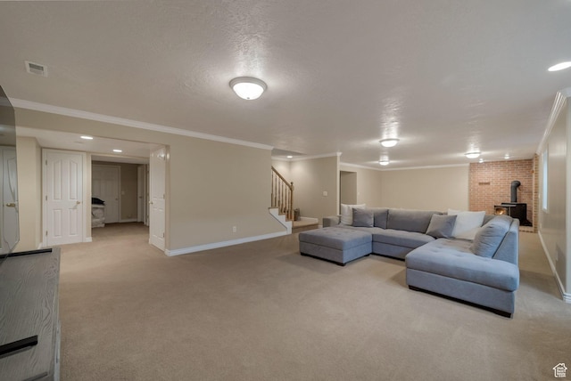 6192 W Ridge Rd, Highland, UT 84003 - living room with crown molding, stairs, light carpet, baseboards, and a wood stove