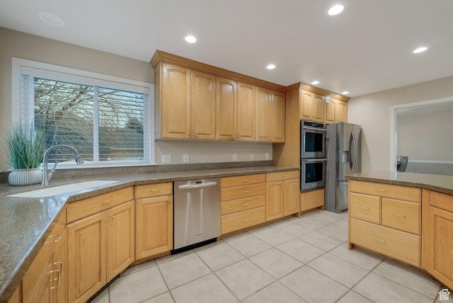 6192 W Ridge Rd, Highland, UT 84003 - kitchen featuring stainless steel appliances, a sink, recessed lighting, light brown cabinetry, and light tile patterned floors
