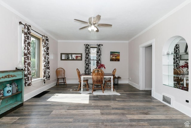 77 N 1st W, Preston, ID 83263 - dining area featuring ceiling fan, crown molding, wood finished floors, and baseboards