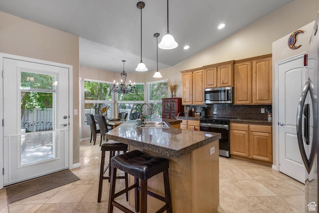 1111 E Bench View Dr, Ogden, UT 84404 - kitchen featuring black / electric stove, a sink, stainless steel microwave, dark countertops, and a chandelier