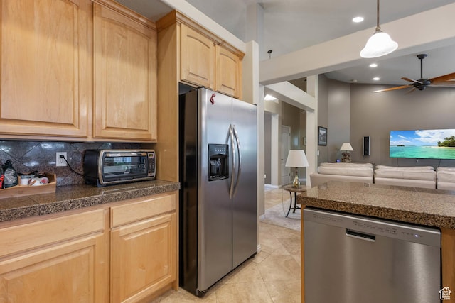 1111 E Bench View Dr, Ogden, UT 84404 - kitchen featuring stainless steel appliances, light brown cabinets, tile counters, ceiling fan, and recessed lighting