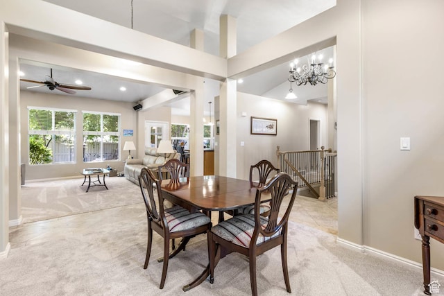 1111 E Bench View Dr, Ogden, UT 84404 - dining area featuring light carpet, baseboards, ceiling fan, recessed lighting, and a chandelier