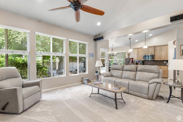 1111 E Bench View Dr, Ogden, UT 84404 - living room featuring vaulted ceiling, recessed lighting, light carpet, ceiling fan, and a chandelier