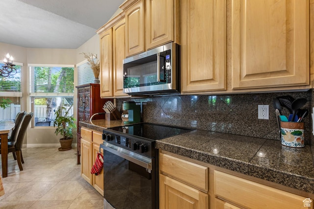 1111 E Bench View Dr, Ogden, UT 84404 - kitchen with stainless steel microwave, tile countertops, electric range, decorative backsplash, and light brown cabinetry