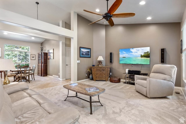 1111 E Bench View Dr, Ogden, UT 84404 - carpeted living room featuring recessed lighting, a ceiling fan, high vaulted ceiling, and baseboards